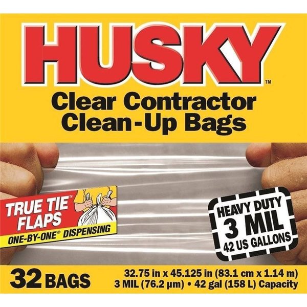 Husky Contractor Trash Bags, 42 gal, 32.75 in x 45.125 in, 3 mil, Heavy Duty, Clear, 32 Pack HC42WC032C